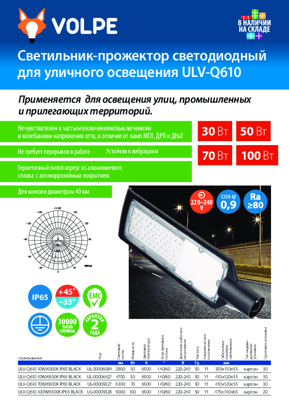 Светильник-прожектор светодиодный для уличного освещения ULV-Q610